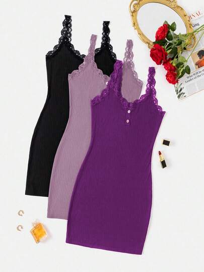 Snug Zone 3件套女士简约舒适纯色蕾丝睡裙