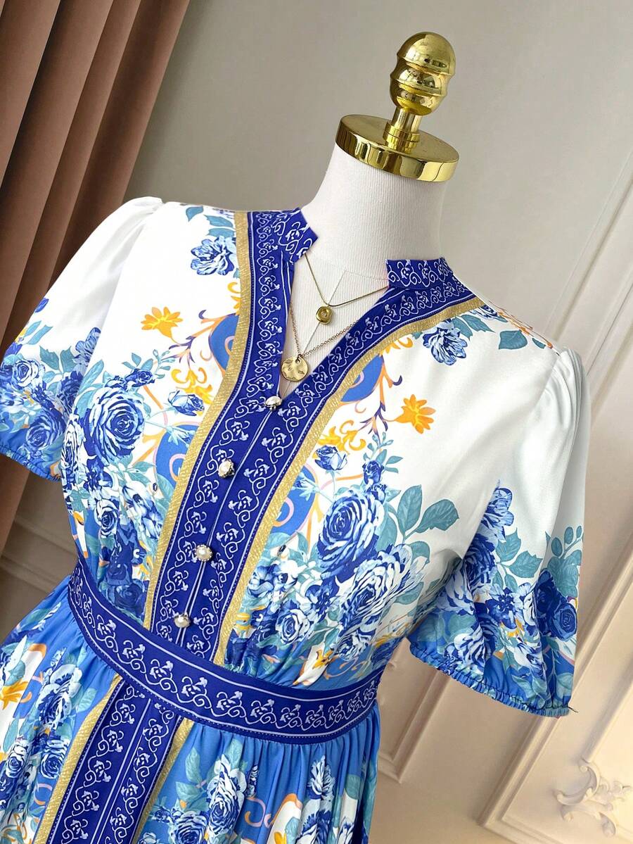 DreamSkyne Váy tay bồng cổ đứng in hoa cỡ lớn cho nữ, đi nghỉ - Màu xanh lam - Xem 1