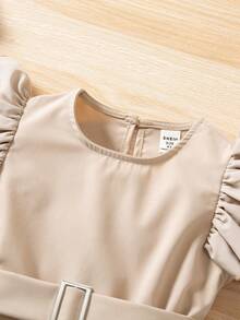 2pcs Girls Elegant Layered Cap Sleeve Top And Straight Leg Pants Set - Apricot - View 7