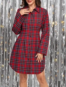 Ellevyn 女式优雅格子印花前开长袖休闲/节日/圣诞迷你连衣裙 - 彩色 - 查看 3