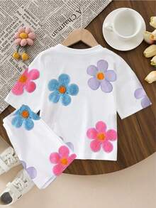 SHEIN 2 Pcs Baby Girls Casual Fashionable Comfortable Minimalist Floral Print T-Shirt And Shorts Set, Spring/Summer Cute Girls Sets - Multicolor - View 2
