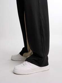 Men's Drawstring Waist Contrast Color Wide Leg Loose Casual Pants - Black - View 4