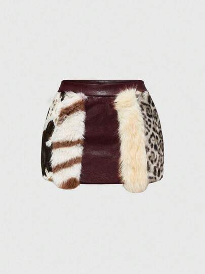 Jupe mini taille basse en PU avec patchwork de fausse fourrure et imprimé animal, style hippie vintage "Millennium Babe" pour femmes