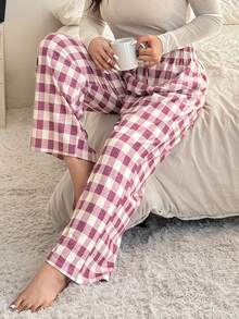 Dazy Plus Fashionable Plaid Elastic Waist Drawstring Loose Wide Leg Pajama Bottoms - Red and White - View 5