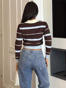 Ronhire Women's Autumn/Winter Collegiate Style Polo Collar Contrast Striped Brown And Blue Loose Knit Sweater,Brown Sweater,Fall - Multicolor - View 2