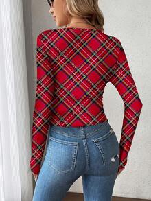 SHEIN LUNE Áo thun nữ tay dài cổ chữ U họa tiết kẻ caro đỏ đen ấm áp, thanh lịch, thoải mái, phù hợp cho mùa thu/đông, dễ mặc khi đi làm - Nhiều màu - Xem 2