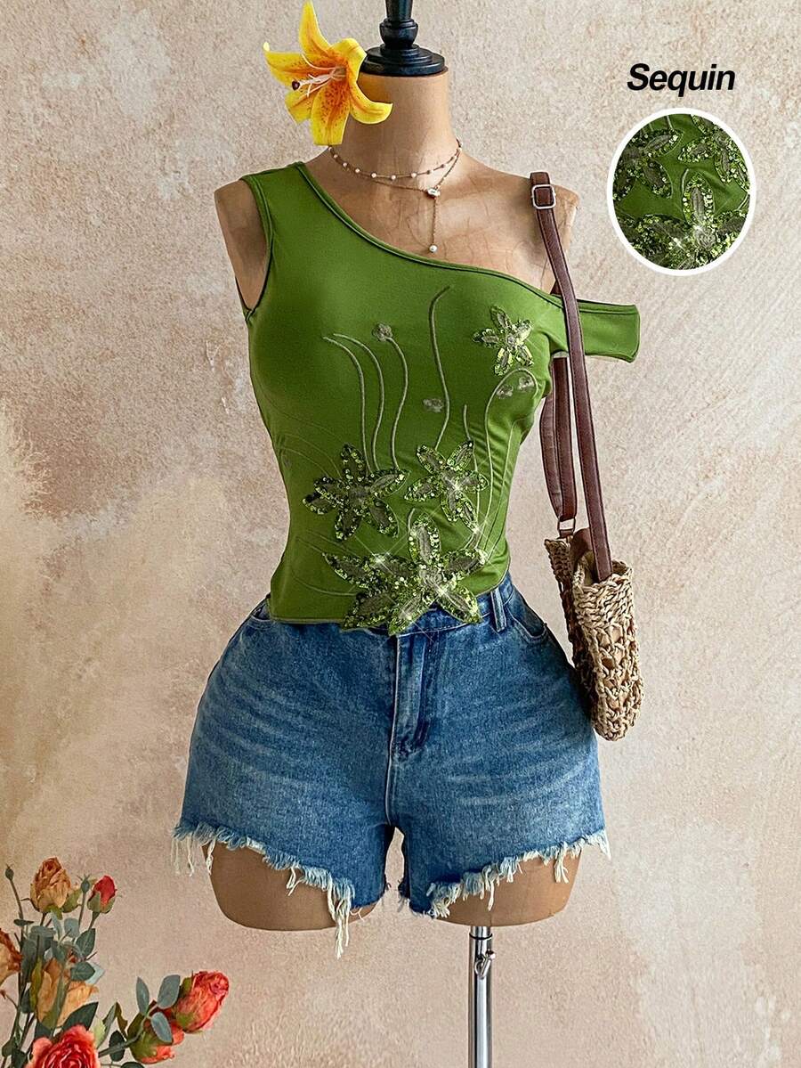 Soleia Áo nữ đính sequin thêu họa tiết, vạt áo bất đối xứng, ôm sát, thích hợp cho tiệc tùng, Giáng sinh, hẹn hò, hộp đêm, phong cách Bohemian, Boho, kỳ nghỉ, mùa thu, áo vintage đi chơi, áo sequin, áo màu xanh lá cây, sang trọng cho nữ, thanh lịch, năm mới. - xanh quân đội - Xem 1