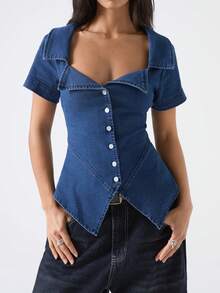 LYSMO Women's Fashion Front Button Fitted Denim Blouse - Navy Blue - View 1