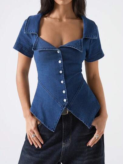 LYSMO Women's Fashion Front Button Fitted Denim Blouse