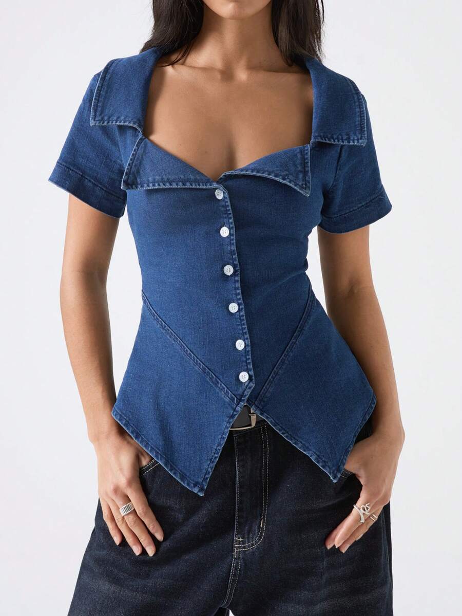 LYSMO Women's Fashion Front Button Fitted Denim Blouse - Navy Blue - View 1