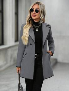 EMERY ROSE 女士休闲翻领双排扣长袖羊毛混纺外套，秋冬款 - 灰色 - 查看 3