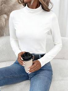 SHEIN LUNE 女士休闲高领长袖紧身打底T恤，适合秋冬季嘉年华穿着，女士长袖高领上衣，休闲款 - 白色 - 查看 9
