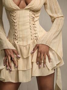 Amplova Váy ngắn phong cách du mục miền Tây dành cho nữ, gợi cảm và tiên phong, phù hợp cho mùa thu/đông, viền nhún bèo, vải voan nhẹ, cổ yếm, hở lưng - Nhiều màu - Xem 11