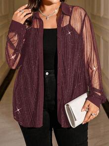 SHEIN Clasi Plus Size Glittery Sheer Fashion Long Sleeve Shirt - Burgundy - View 5