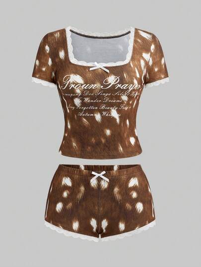 ROMWE Kawaii 两件套性感小鹿印花撞色蕾丝紧身衣和超低腰迷你短裤