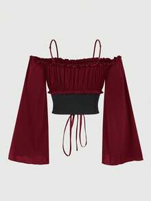 ROMWE Fairycore Women's Fashion Off-Shoulder Tie-Up Long Sleeve Cropped Shirt