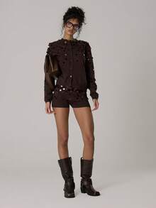 MUSERA Pailletten Langarm Knopf Strick Cardigan Co-Ord Oberteil nur Lässig Süß Winter Gemütlich Strickwaren Coco Cloud Frühling - Schokoladenbraun - Übersicht 5