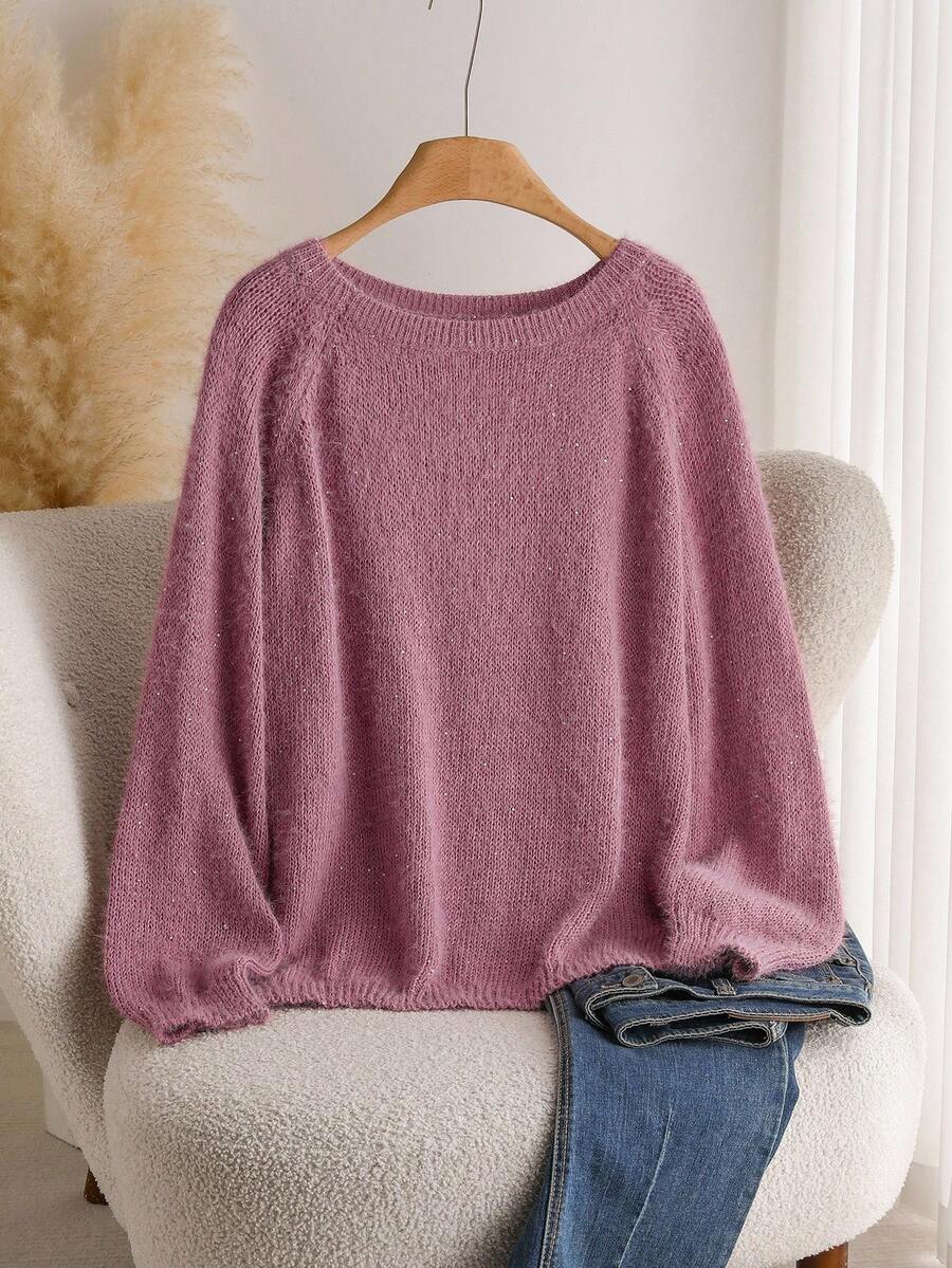 CosyJoli Áo len chui đầu tay raglan màu hồng đính sequin cỡ lớn cho nữ vào mùa thu/đông - Hồng - Xem 1