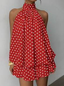Aloruh Women's Elegant Polka Dot Print Halter Backless Mini Dress - Red - View 3