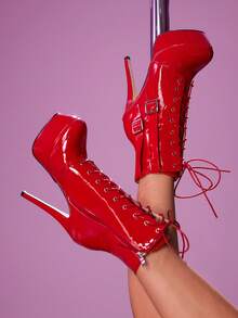 CUCCOO LuxiPop 女士厚底亮面搭扣设计时尚高跟中筒靴 - 紅色 - 查看 4