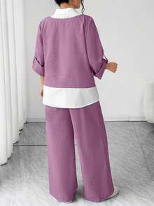 Elenzga Plus Size Casual Color Block Patchwork Shirt & Pants Set - Mauve Purple - View 2