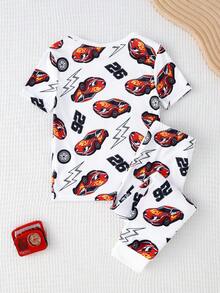 2pcs Young BoyMinimalist Cartoon Car Print Snug Fit Long Sleeve Pajama Set, Soft & Comfortable Sleepwear