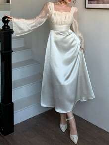 DAZY Đầm maxi nữ thanh lịch, xếp ly, cổ vuông, thích hợp làm đầm dự tiệc cưới, đầm hè. - trắng - Xem 6