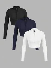 SHEIN Girlism 少女纯色白色米色黑色三件套休闲拉链高领罗纹长袖T恤套装，适合秋冬季节，日常休闲穿着，非常适合休闲、日常穿着和上学穿着。 - 藏蓝色 - 查看 9