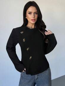 Firerie 女士优雅精致休闲日常通勤新款街头时尚都市风斜襟金属纽扣收腰长袖双面大衣，秋冬款 - 黑色 - 查看 3