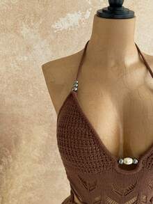 Soleia Holiday Party Dress Women's Halter Tie Waist Hollow Out Drawstring Design Fashion Party Knitted Mini Dress