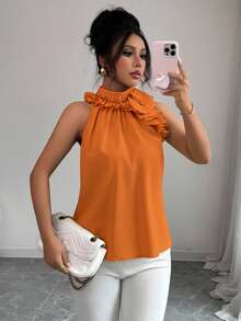 EMERY ROSE Blusa sin mangas con volantes para mujer, intelectual y elegante - Naranja - Ver 3
