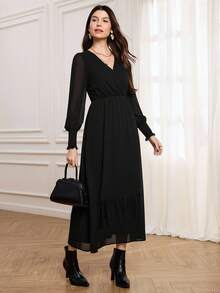 Medorina 秋冬季女士波点优雅连衣裙，适合秋冬季节穿着，长款连衣裙配有弹性袖口和泡泡袖，优雅雪纺波点印花连衣裙，优雅派对连衣裙，时尚外出连衣裙，黑色长袖连衣裙，波点中长连衣裙，黑色长袖中长连衣裙，女士秋季连衣裙，时尚女士连衣裙，法式长袖连衣裙，黑色连衣裙，夏季服装 - 黑色 - 查看 7