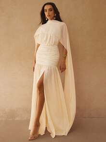 Silquee 象牙白露背雪纺透视褶皱裹身长裙，无袖露背连衣裙，优雅派对/日常/约会连衣裙，正式礼服，伴娘礼服，度假连衣裙，浪漫约会装，春夏款 - 淡黃色 - 查看 3