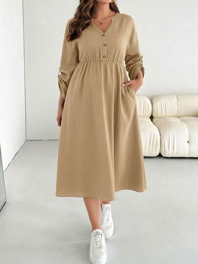 SHEIN Essnce Vestido largo de manga media con cuello en V, textura de tela cómoda y holgada, cintura, bolsillos, estilo sencillo, para uso diario, de moda casual, talla grande, para primavera y otoño, atuendos de otoño, vestido de trabajo