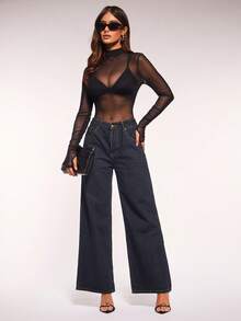 Radiana Women's Sexy Casual All-Match Black Sheer Mesh Long Sleeve Turtleneck Bodysuit, Black Sheer Top, Versatile All-Match Top, Casual Everyday Wear, Slim Fit Top, Suitable For Night, Gathering, Party, Club, Nightclub, Cocktail Party, Carnival, Music Festival, Holiday Outfit - Black - View 4