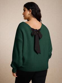 CosyJoli 大码休闲V领蝴蝶结系带宽松套头衫 - 墨綠色 - 查看 3