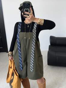 POPSWAY Plus Size Women Striped Contrast Color Pocket Casual Jumpsuit, Suitable For Street, Vacation, Date, Party, Spring/Summer - Army Green - View 8