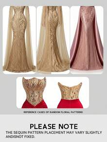 Glamrae Elegant Luxury Woven Sparkling Sequin Embroidered Liquid Satin, Asymmetric Neckline Double-Layer Wrap With Handmade Pleats, Inverted U-Shaped Flared Skirt, Suitable For Wedding, Gala, Event, Banquet, Business, And Concert Guest Formal Dress - Navy Blue - View 7