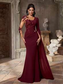 Aureia Robe de soirée élégante et luxueuse à manches longues, brodée, avec appliqués faits main, en maille transparente stretch, ourlet sirène. Convient pour toutes les occasions formelles, rendez-vous, soirées célibataires, mariages, tapis rouge, galas, Saint-Valentin - Rouge foncé - Voir 3