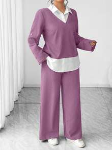Elenzga Plus Size Casual Color Block Patchwork Shirt & Pants Set - Mauve Purple - View 4