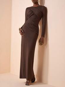 Zivah 2026 Spring/Summer New Arrival Music Festival, Easter, St. Patrick's Day, Valentine's Day, Date, Western, Nomadic, Birthday Party, Graduation, College, Student, Daily Casual, Basic Versatile, Leisure, Vacation, Cruise Travel, Beach, Sunbathing, Viral , Streetwear, Wedding Guest Boho, Commute, Brunch, Airport, Party, Holiday Outing, Office Wear Brown Ruffle Double Layer Long Wrap Maxi Dress - Brown - View 6