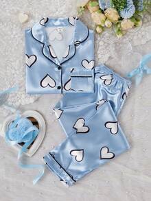 2pcs Heart Print Lapel Long Sleeve & Long Pants Girls Faux Silk Pajama Set Blue Pajama Sets Kids Pajama Sets Cute Pj Set - Blue and White - View 5