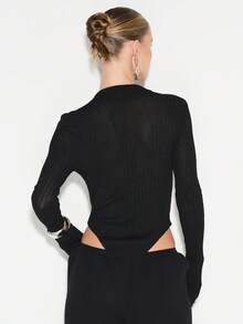 KIZN Ribbed Knit Long Sleeve V-Neck Button Front Bodysuit With Sheer Fabric Details For Fall Winter Layering