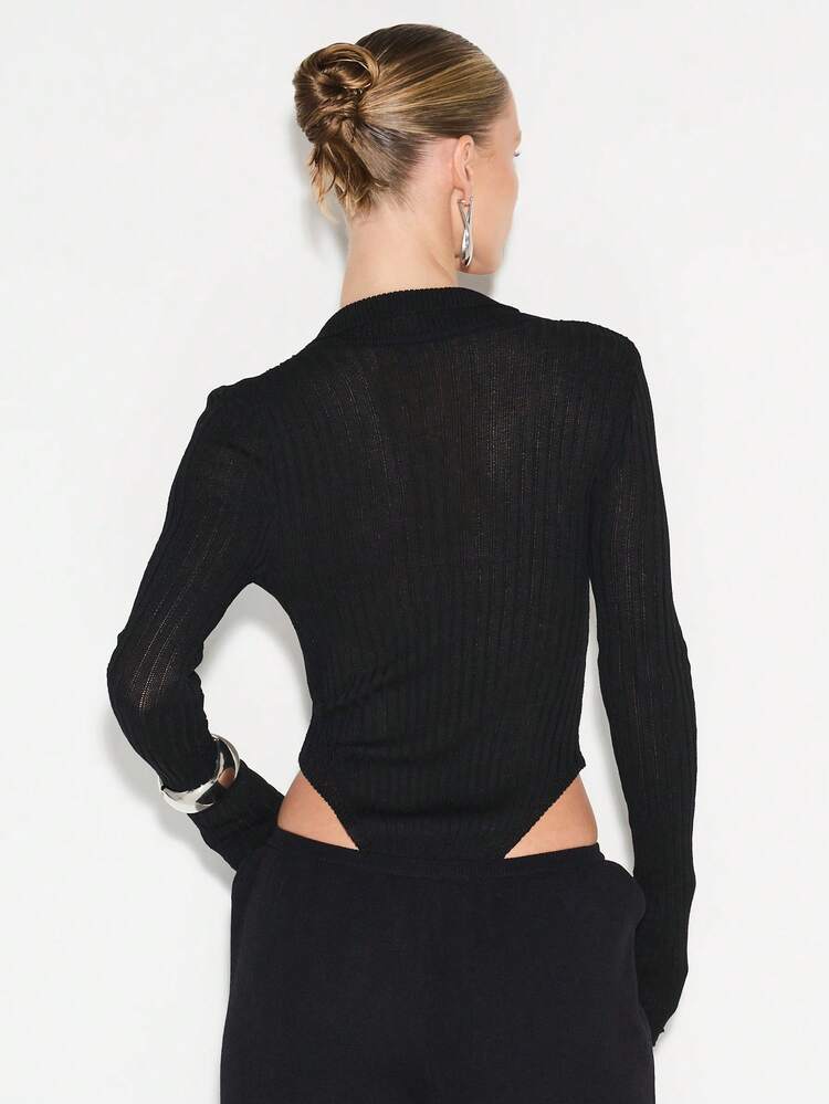 KIZN Ribbed Knit Long Sleeve V-Neck Button Front Bodysuit With Sheer Fabric Details For Fall Winter Layering