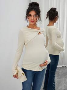 SHEIN Áo cho con bú cổ lệch màu trơn thanh lịch dành cho phụ nữ mang thai - Màu be - Xem 6