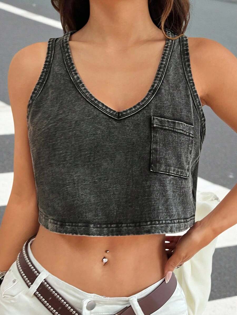 SHEIN EZwear Ladies' Short Knit Sweater Tank Top With Pocket - Black - View 1