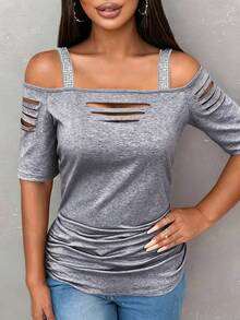 EMERY ROSE 性感露肩水钻紧身短袖上衣，时尚女式T恤，黑色，秋季款 - 灰色 - 查看 4