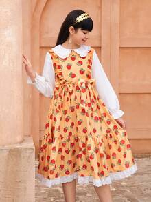 Robe à manches longues col rond pour filles avec poignets élastiques, imprimé numérique rose orange, ourlet plissé avec dentelle, style casual, polyvalent et mode princesse - Jaune citron - Voir 10