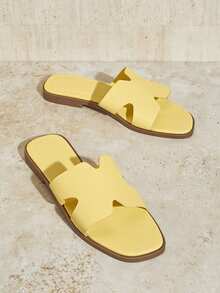 SHUZIA Women Shoes Minimalist Open Toe Thin Flat Bottom Everyday Basic Slip-On Slippers PU Yellow Sliders For Christmas - Yellow - View 2