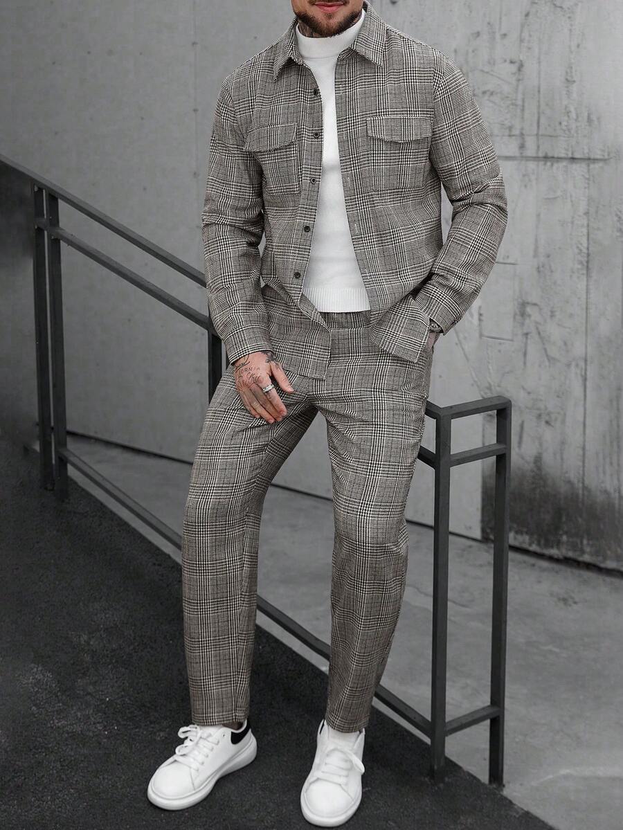 Manfinity CasualCool Bộ áo sơ mi và quần kẻ caro cổ điển dành cho nam, bộ đồ 2 mảnh nam, bộ vest kẻ caro nam, bộ vest 2 mảnh nam, bộ vest vải lanh màu xám dành cho nam. Thích hợp cho phong cách cổ điển, mặc hàng ngày, đi chơi cuối tuần, hoạt động ngoài trời, du lịch, môi trường làm việc thoải mái hoặc các dịp bán trang trọng, quà tặng cho bạn trai/chồng, quà kỷ niệm/sinh nhật, quà Giáng sinh, năm mới, đám cưới. - Nhiều màu - Xem 1